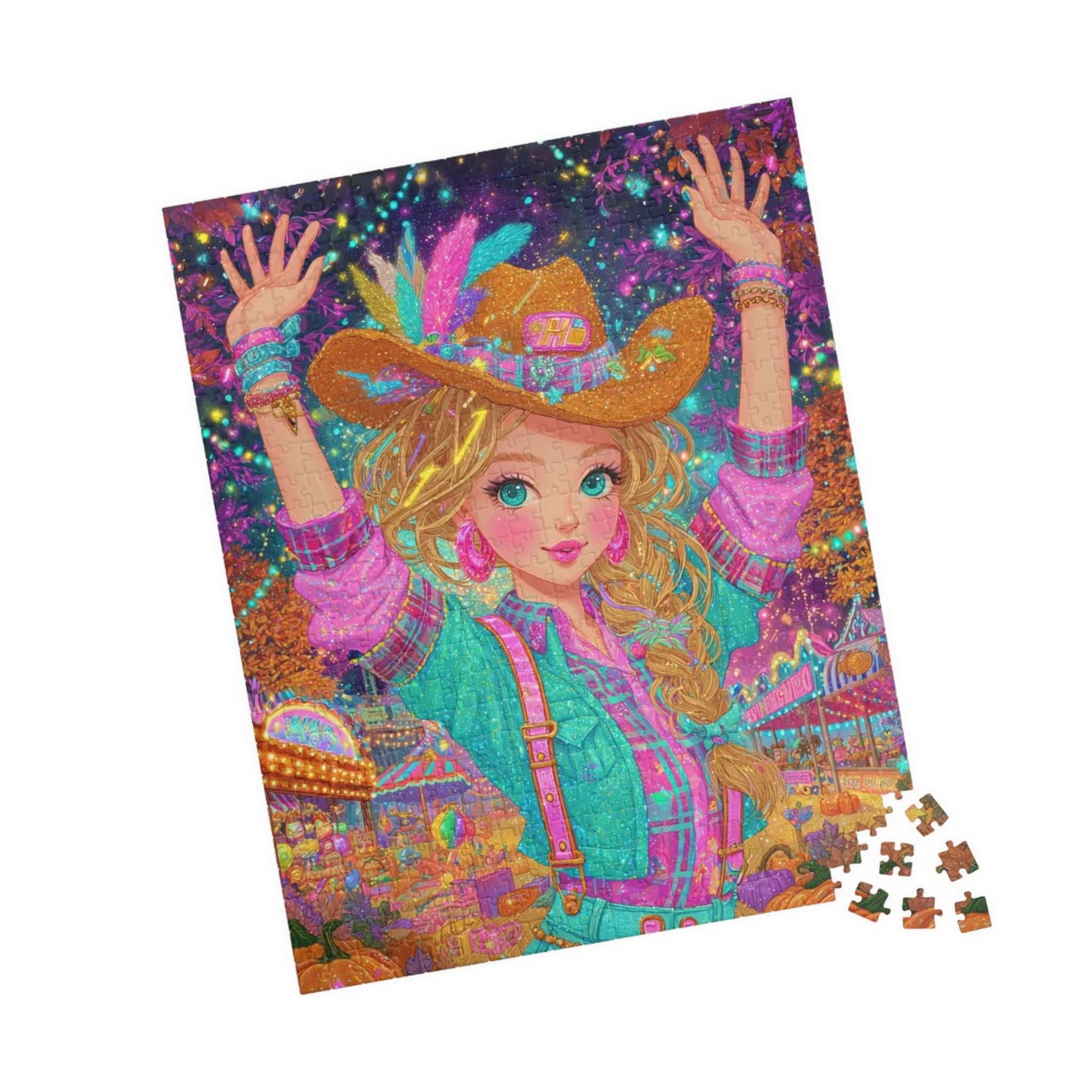 Confetti Skies & Cowgirl Vibes Jigsaw Puzzle, 1980s Neon Cowgirl Game for Family Gatherings, Solo Hobby, Gift for Puzzle Lover 520 pcs (Vertical) Puzzle The Puzzle Chest