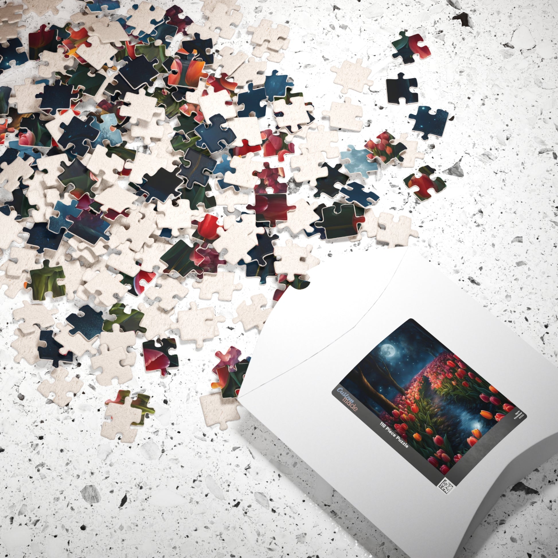 Magical Nighttime Tulip Puzzle, Peaceful Floral Scene Under the Moon, Glowing Flowers and Tranquil River Jigsaw Game, Gift for Nature Lover Puzzle The Puzzle Chest