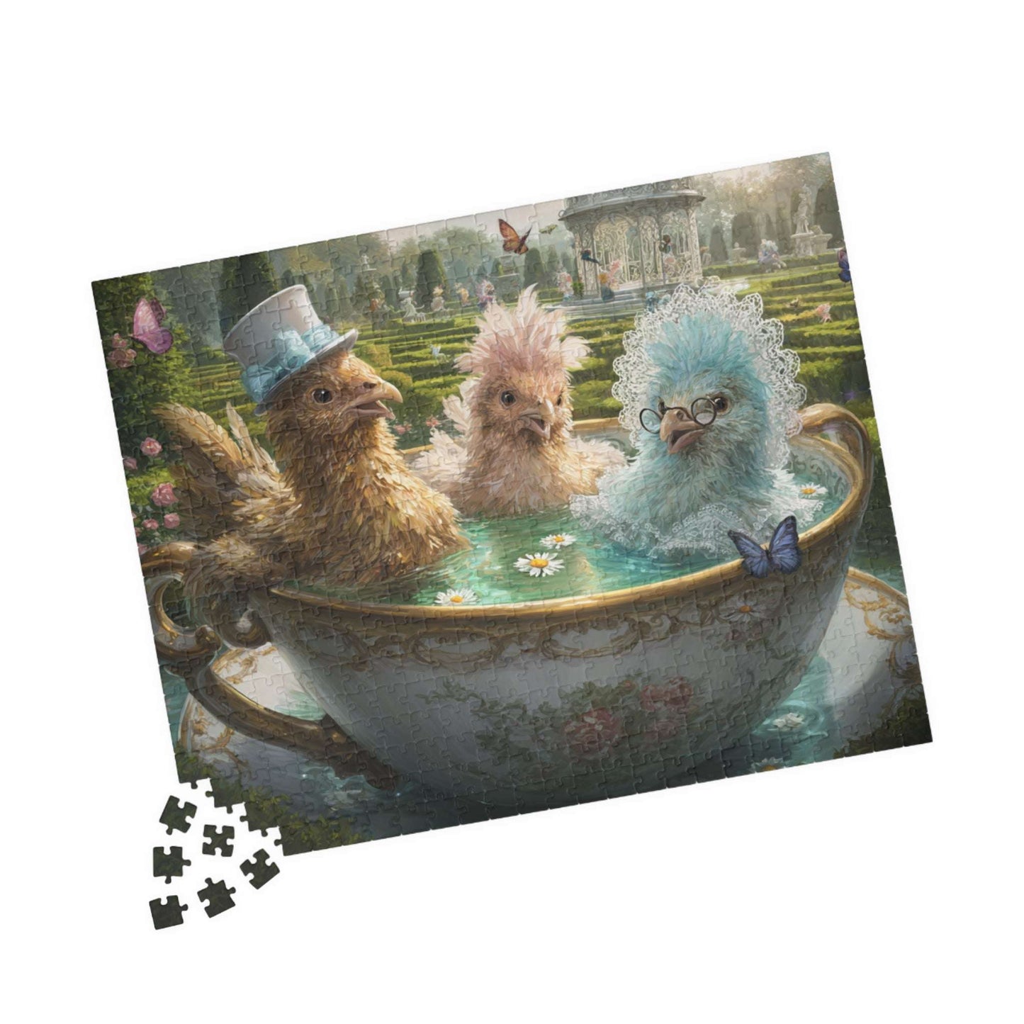 Whimsical Garden Tea Chicken Puzzle – Three Fancy Chickens in Giant Teacup Bath with Flowers, Fairy-Tale Farm Animal Jigsaw 520 pcs (Horizontal) Puzzle The Puzzle Chest