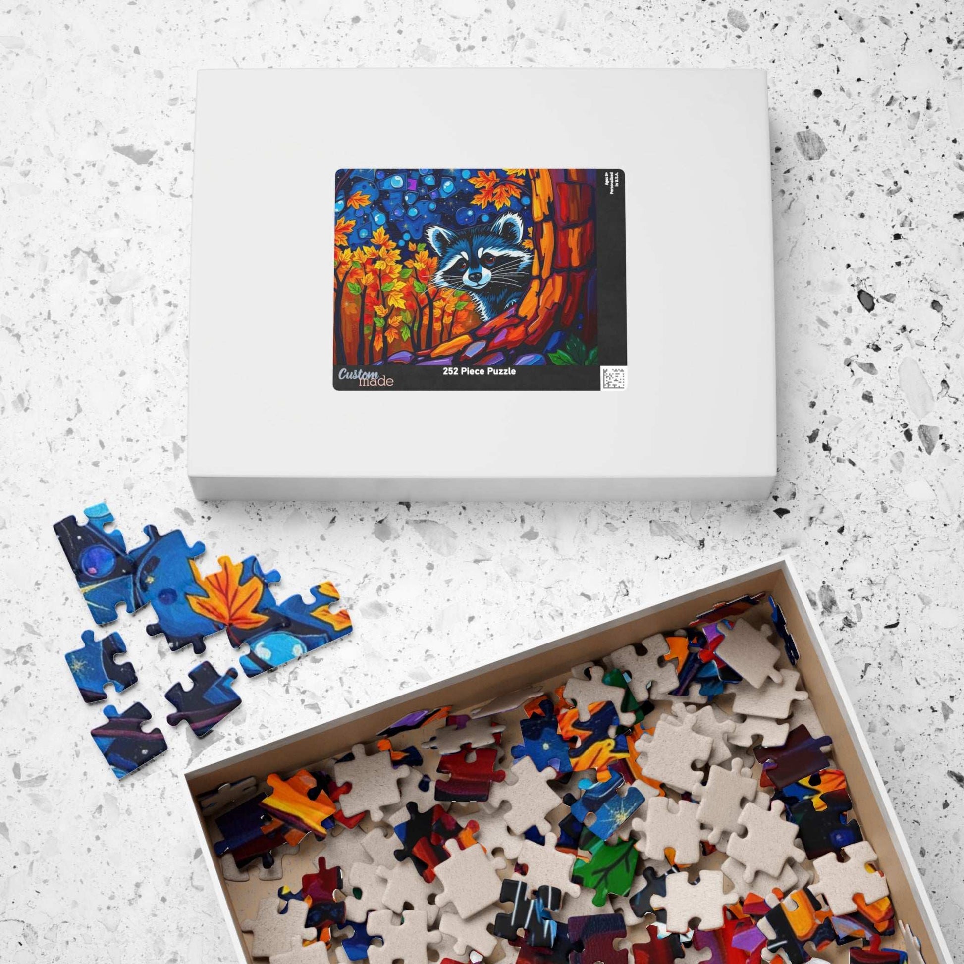 Autumn Nightscape Raccoon Puzzle, Colorful Nature Jigsaw for Solo or Family Fun, Birthday Gift for Animal Lover, Cozy Night In Entertainment