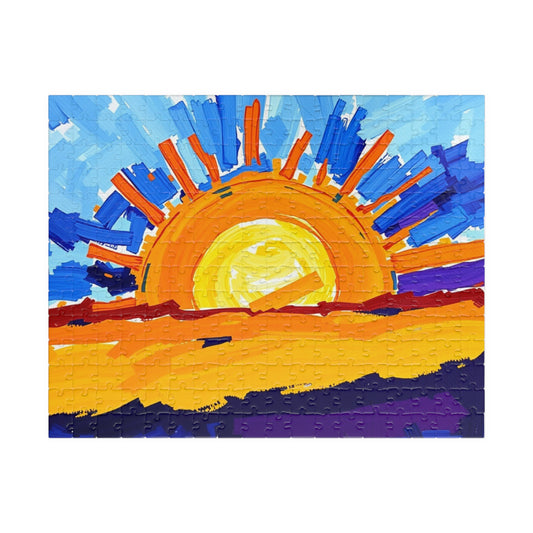 Abstract Sunrise Jigsaw Puzzle, Impasto Style Sharp Sun Focus, Bursts of Warm and Cool Tones for Art Enthusiast, Unique Puzzle Lover Gift 252 pcs (Horizontal) Puzzle The Puzzle Chest