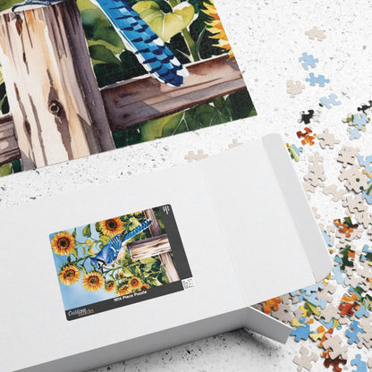 Blue Jay Sunflower Field Jigsaw Puzzle, Bird Enthusiasts Nature Lover Gift, Staycation Activity Mindfulness Stress Relief Animal Theme Game Puzzle The Puzzle Chest