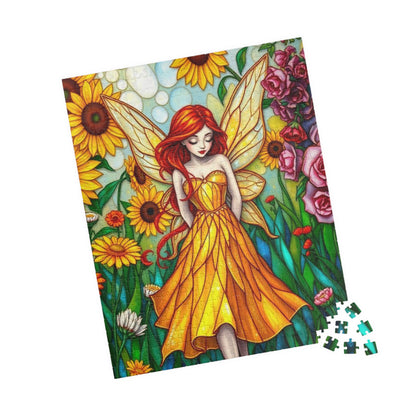 Fairy Sunflower Jigsaw Puzzle - Stained Glass Style, 110/252/520/1014-Piece, Hobby Game, Gift for Fantasy Lover Birthday Holiday