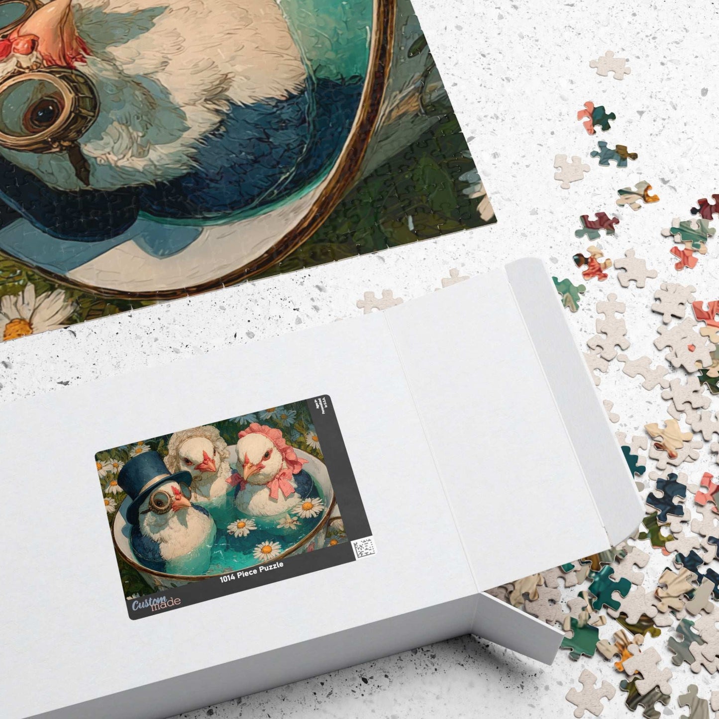 Whimsical Wildflower Field Tea Chicken Puzzle – Three Fancy Chickens in Giant Teacup Bath with Flowers, Fairy-Tale Farm Animal Jigsaw Puzzle The Puzzle Chest