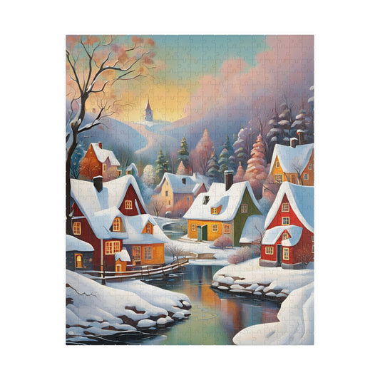 Winter Scandinavian Village Landscape Puzzle, Multicolored Houses, River Flowing, Snowy Rooftops, Whimsical Jigsaw for Home Entertainment 520 pcs (Vertical) The Puzzle Chest