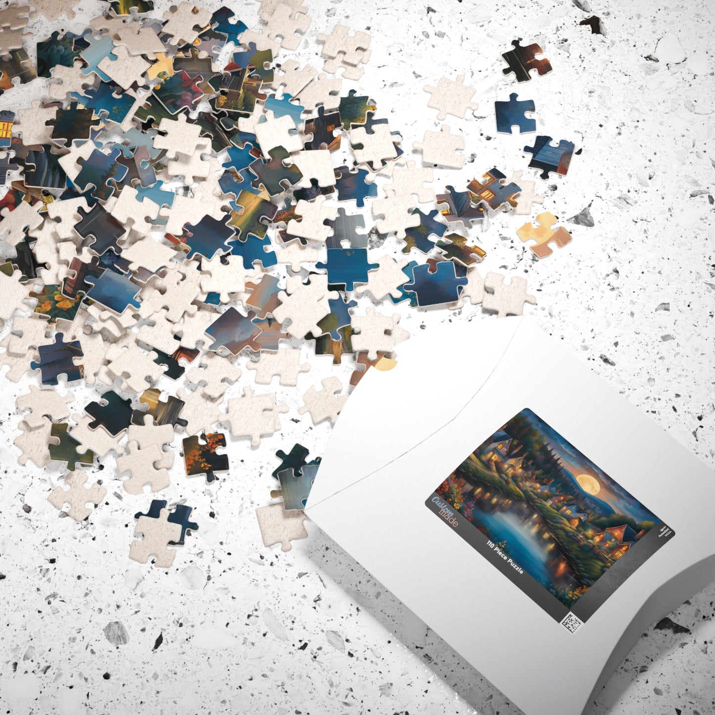 Nighttime Village Landscape Puzzle Gifted, Serene River, Moonlit Backdrop, 520 pcs, Adult, Relaxing Activity, Jigsaw Game, Holiday Present The Puzzle Chest