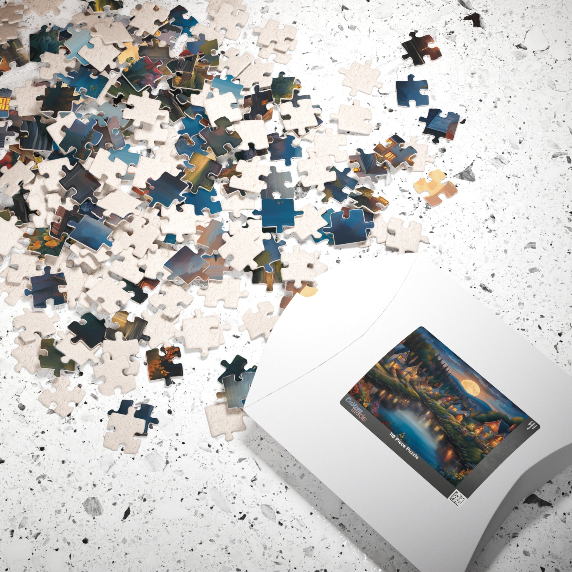 Nighttime Village Landscape Puzzle Gifted, Serene River, Moonlit Backdrop, 520 pcs, Adult, Relaxing Activity, Jigsaw Game, Holiday Present The Puzzle Chest