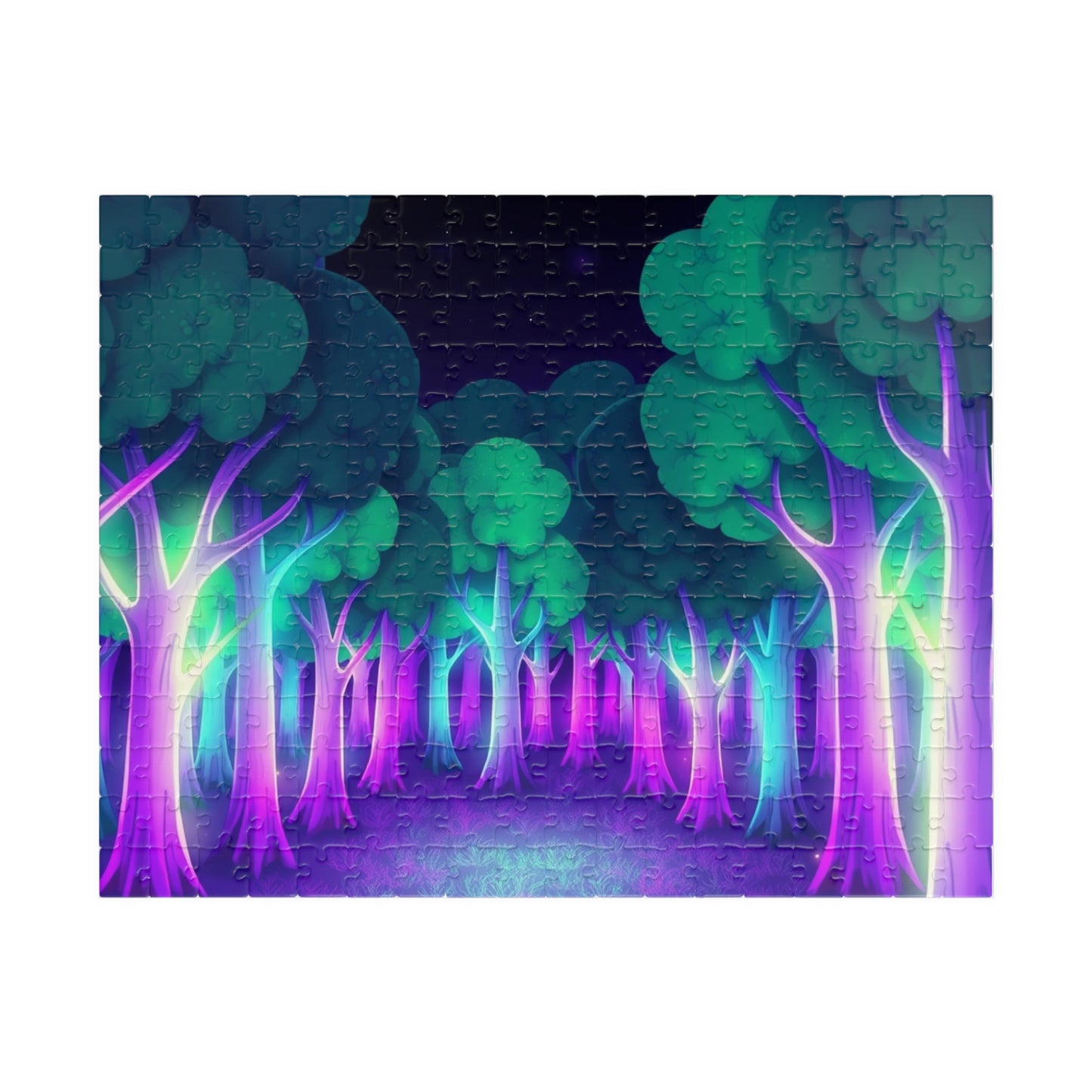 Abstract Forest Landscape Jigsaw Puzzle, Glowing Purple Green Neon Trees, Fantasy Art Puzzle Lover, Quiet Time Leisurely Activity, Fun Hobby 252 pcs (Horizontal) Puzzle The Puzzle Chest