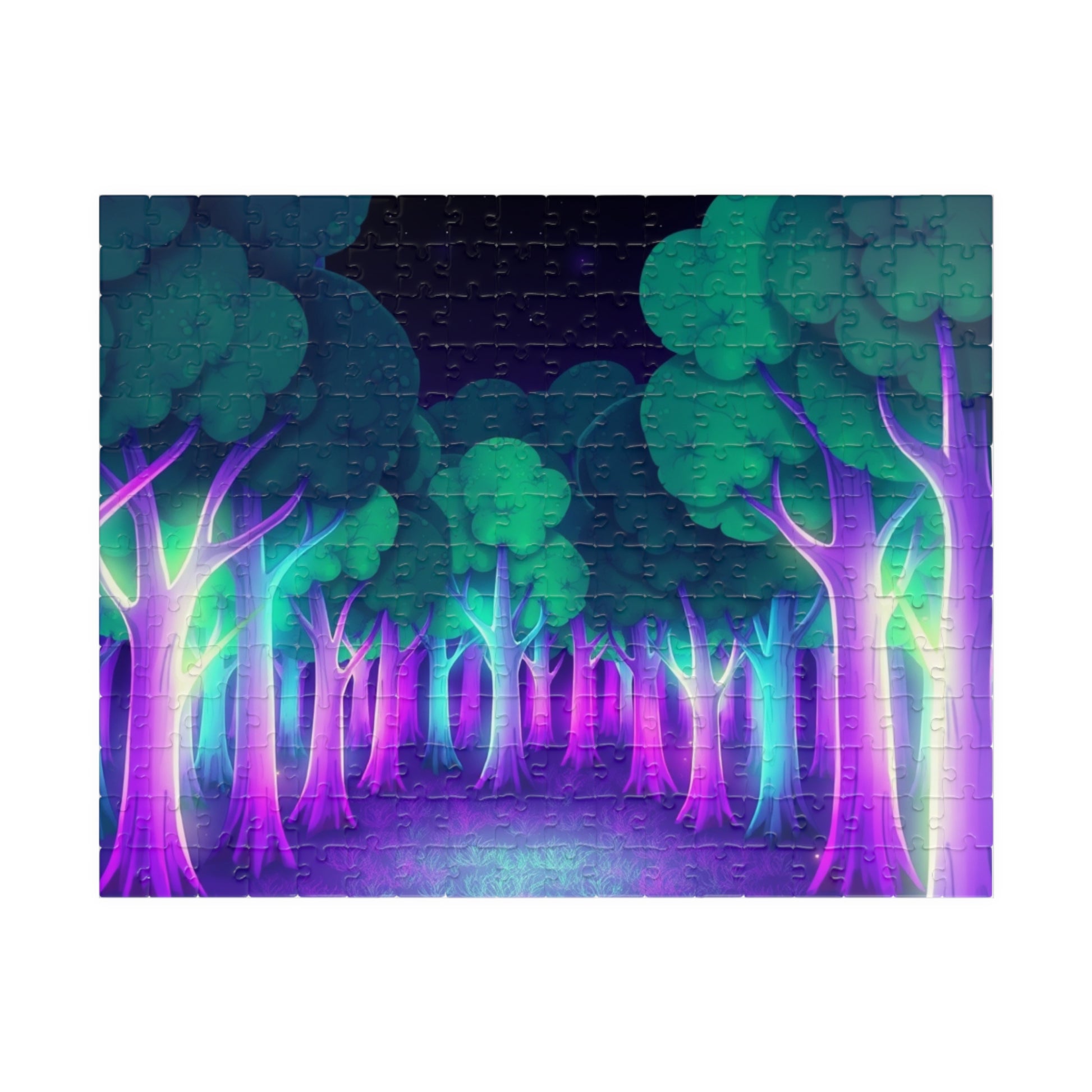 Abstract Forest Landscape Jigsaw Puzzle, Glowing Purple Green Neon Trees, Fantasy Art Puzzle Lover, Quiet Time Leisurely Activity, Fun Hobby 252 pcs (Horizontal) Puzzle The Puzzle Chest