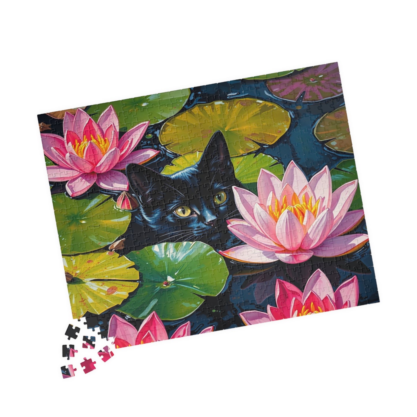 Black Cat Among Water Lilies Puzzle | 110-1014 Piece Animal Jigsaw 520 pcs (Horizontal) Puzzle The Puzzle Chest