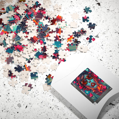 Hearts and Kisses Jigsaw Puzzle, Woman Blowing a Kiss, Comic Pop Art Nostalgic Game for Fun Gathering, Gift for Puzzle Lover, Family Night