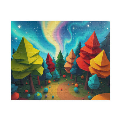 Abstract Landscape Jigsaw Puzzle, Magical Forest with Geometric Trees Aurora Sky, Challenging Game for Mental Exercise, Puzzle Lover Gift 110 pcs (Horizontal) Puzzle The Puzzle Chest