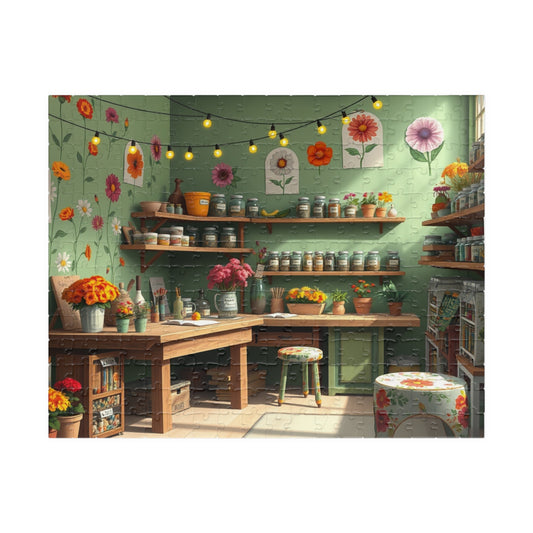 Country Garden Workshop Puzzle (110-1014 Piece), Colorful Flower Illustrations Sage Green Walls and String Lights, Plant Enthusiast Gift 252 pcs (Horizontal) Puzzle The Puzzle Chest