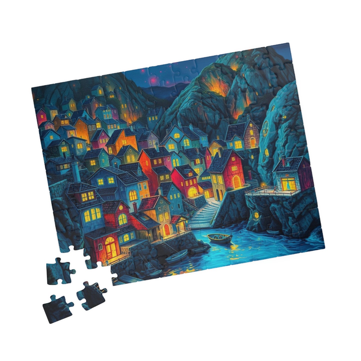 Bioluminescent 3D Village Jigsaw Puzzle for Adults, Cinematic Style with Glowing Colors and Dramatic Town Scene, Ideal Gift for Puzzle Fan The Puzzle Chest