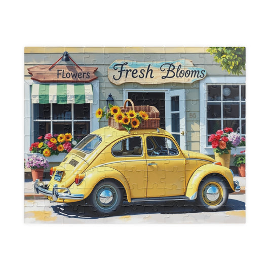 Vintage Volkswagen Beetle Jigsaw Puzzle, Pastel Yellow Classic Car, Sunflowers and Flower Shop Scene, Ideal Gift for Him, Puzzle Fanatic 110 pcs (Horizontal) Puzzle The Puzzle Chest