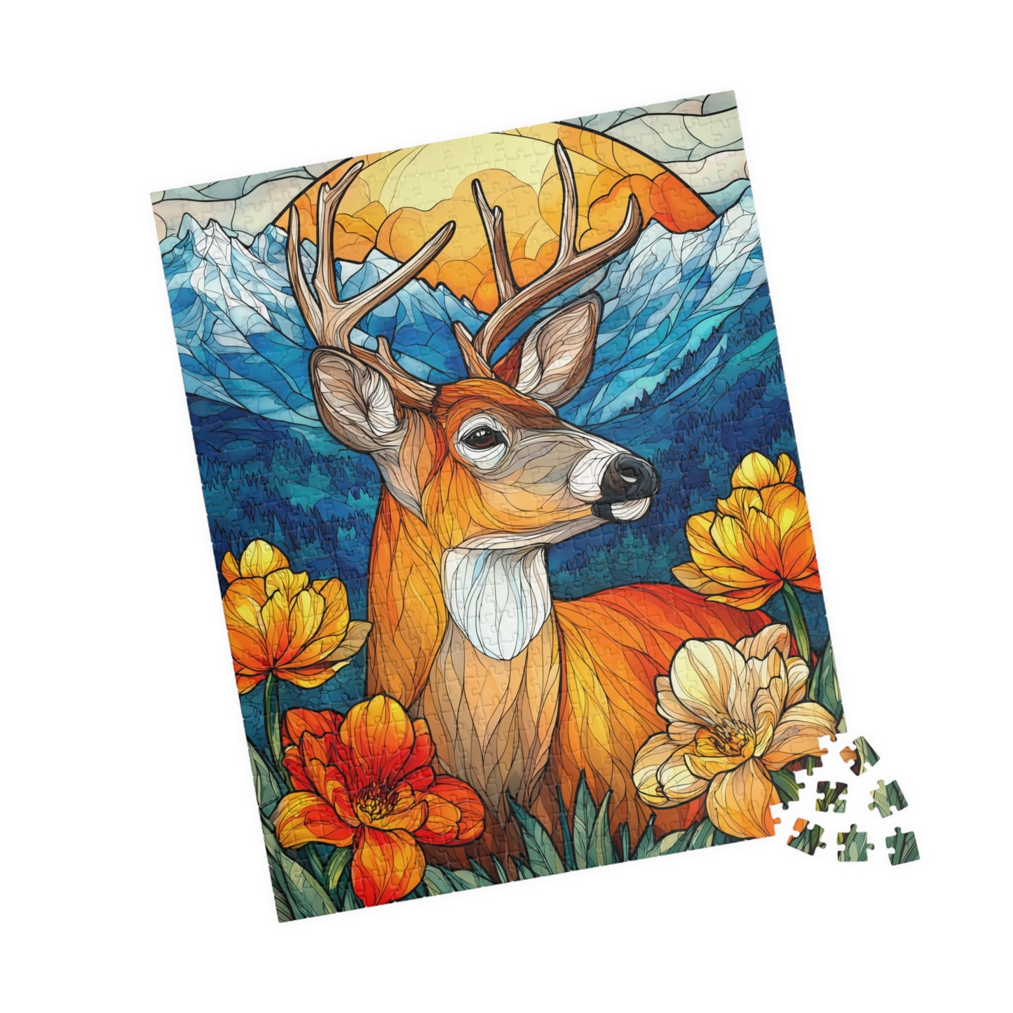 Stained Glass Deer Puzzle — Scenic Mountain & Wildflower Jigsaw (110–1014 pcs) 520 pcs (Vertical) Puzzle The Puzzle Chest