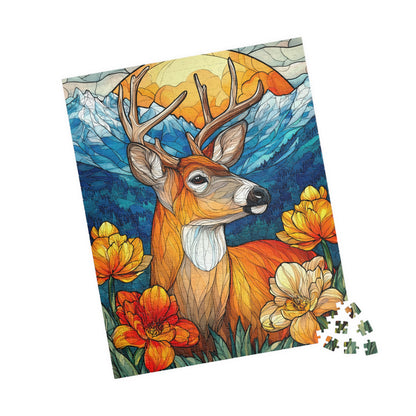 Stained Glass Deer Puzzle — Scenic Mountain & Wildflower Jigsaw (110–1014 pcs) 520 pcs (Vertical) Puzzle The Puzzle Chest