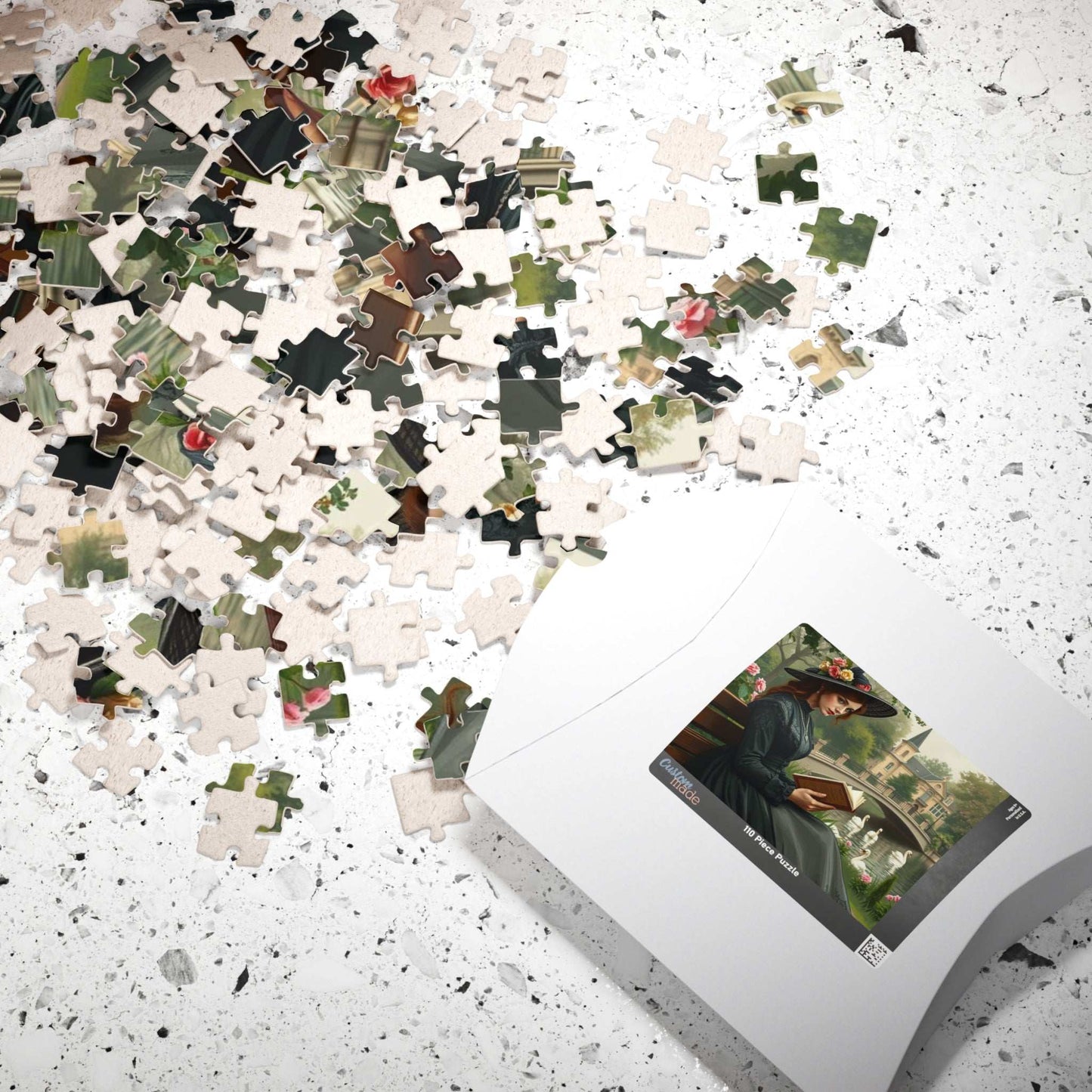 Tranquil Victorian Moment Jigsaw Puzzle - Woman Reading by a Swan-Filled Pond, Elegant 19th Century Scene Puzzle The Puzzle Chest