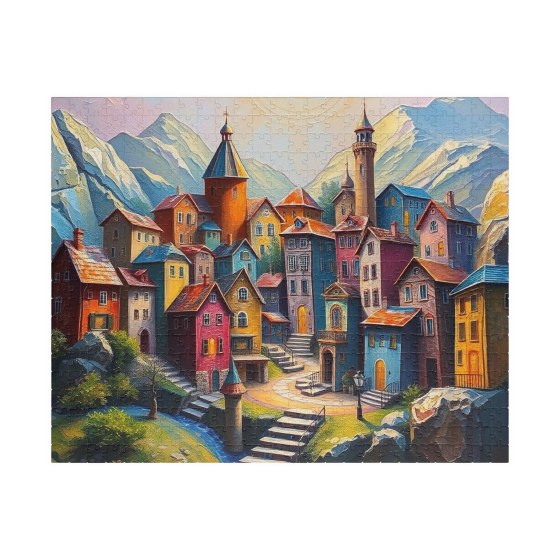 Unique 3D Village Jigsaw Puzzle 110, 252, 520, 1014-piece, Featuring a Colorful Ethereal Town Scene, Mindfulness Gift for Puzzle Enthusiast 520 pcs (Horizontal) The Puzzle Chest