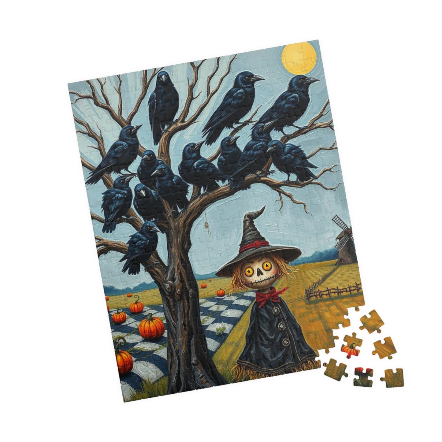 Feathered Frenzy Jigsaw Puzzle - Scarecrow and Crows, Halloween Fun Family or Solo Activity, Fall Holiday Birthday Gift for Puzzle Lover