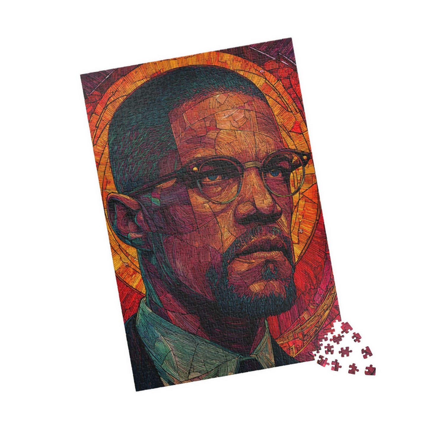 Afrocentric Malcolm X Puzzle, Stained Glass Portrait, Black History Hero, Red Orange Radiant Artwork, Educational Jigsaw, Iconic Historical Figure Puzzle 1014 pcs (Vertical) Puzzle The Puzzle Chest