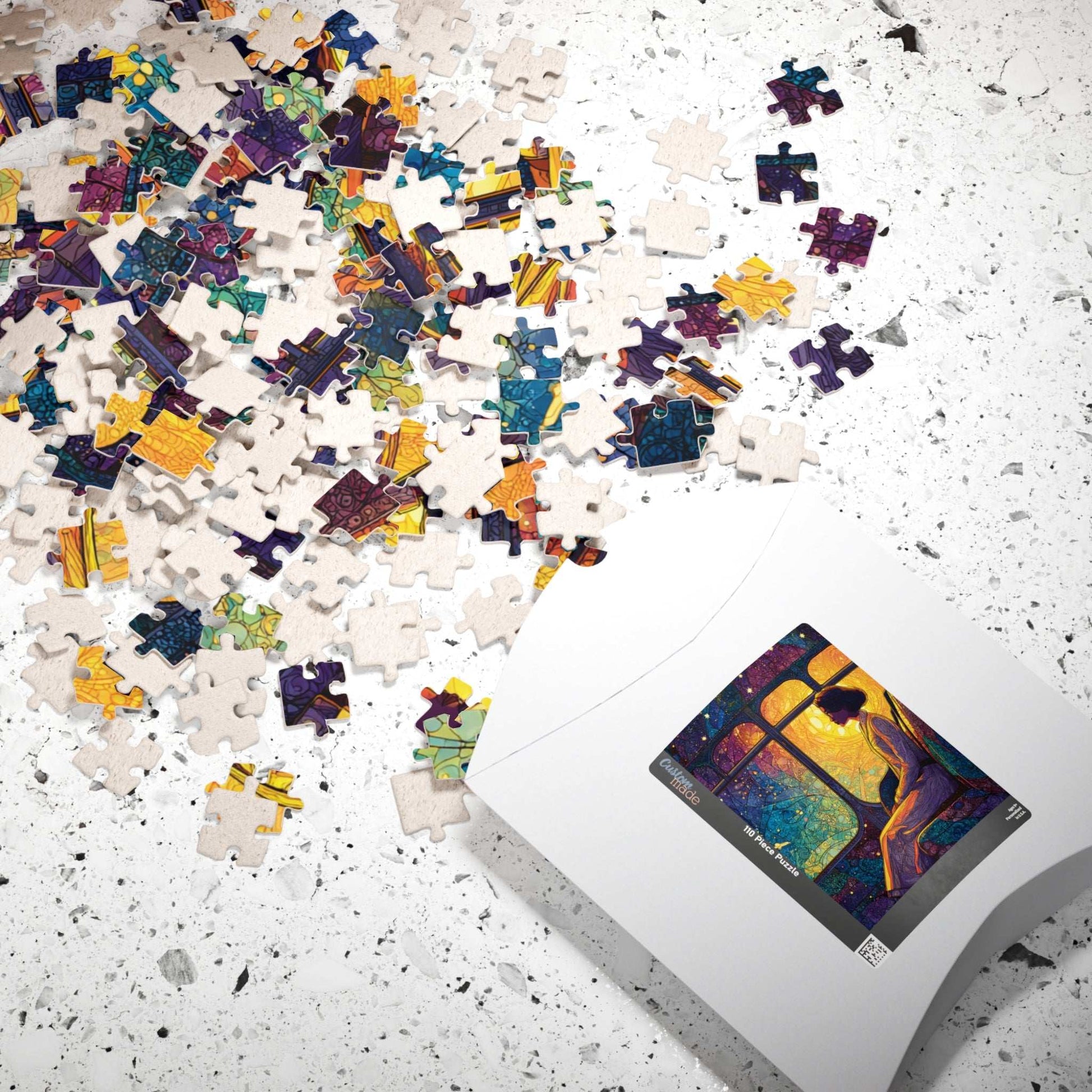 Afrocentric Rosa Parks Puzzle – Black History Figure Jigsaw, Stained Glass Illustration, Civil Rights Hero Artwork, Golden Glow Bus Scene, Abstract Star Patterns Puzzle The Puzzle Chest