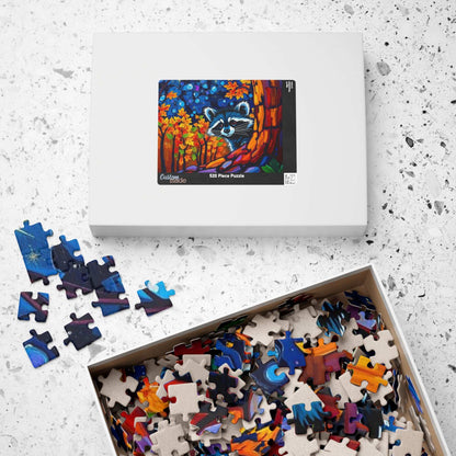 Autumn Nightscape Raccoon Puzzle, Colorful Nature Jigsaw for Solo or Family Fun, Birthday Gift for Animal Lover, Cozy Night In Entertainment