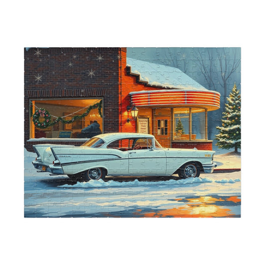 Vintage Car Puzzle Winter Scene, Nostalgic Classic 1957 Chevy Bel Air Jigsaw Game, Cozy Indoor Activity, Family Fun Game, Retro Holiday Gift 252 pcs (Horizontal) Puzzle The Puzzle Chest