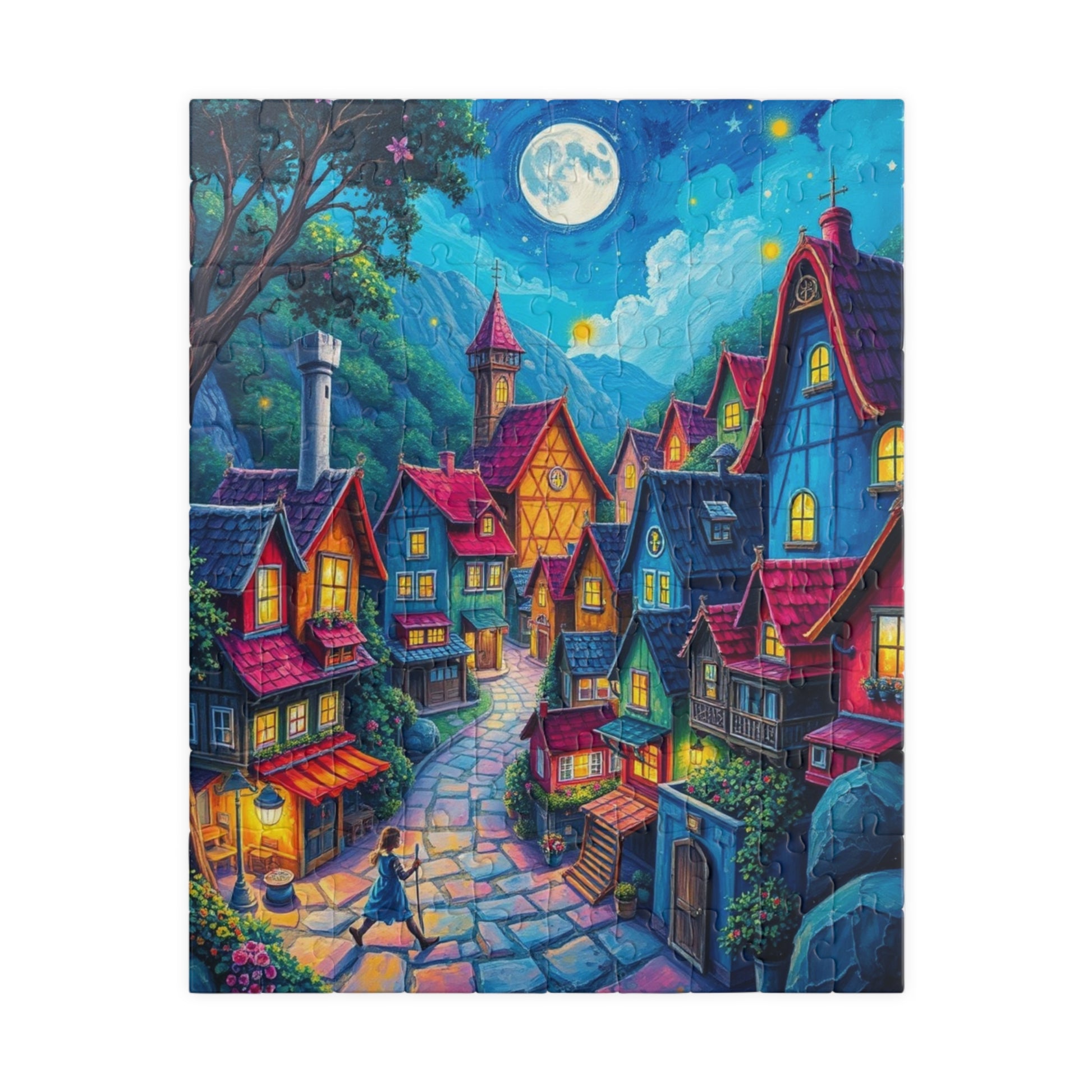 Vibrant Village Puzzle (110-1014 Piece), Cozy Moonlit Town Jigsaw Game for Adults, Family Activity, Gift for Puzzle Lovers, Mindfulness 110 pcs (Vertical) The Puzzle Chest