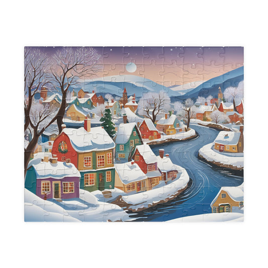 Charming Village Winter Scene Puzzle, Snowy River Landscape Jigsaw Game, 110 252 520 1014-Pieces, Adult Family Fun Activity 110 pcs (Horizontal) The Puzzle Chest