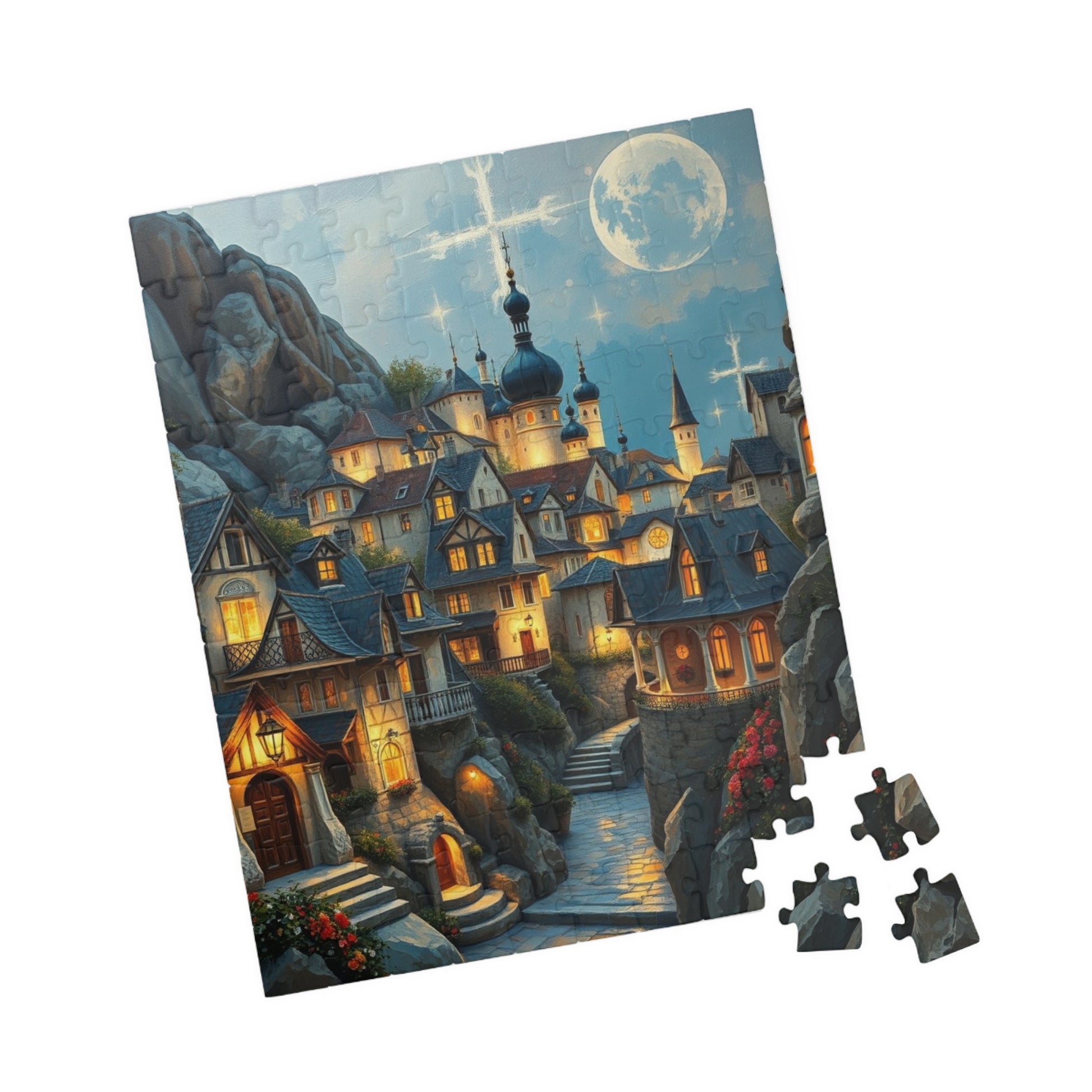 Mountain Village Puzzle, Elegant Moonlite Town Adult Jigsaw Game, Relaxing Indoor Hobby, Solo Activity, Family Fun, Holiday Birthday Gift The Puzzle Chest