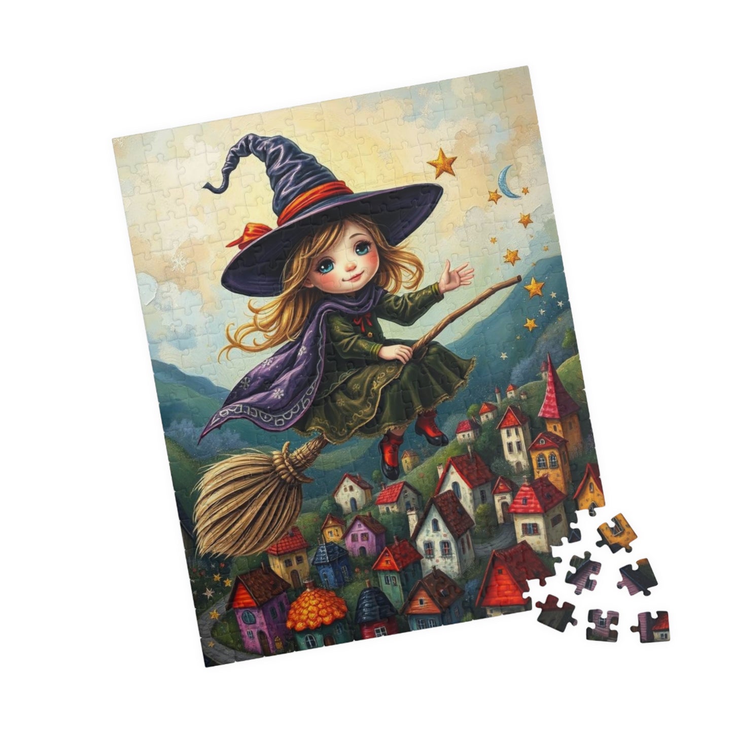 Friendly Flying Folklore - Whimsical Halloween Witch Jigsaw Puzzle, Folk Art Gift for Adult Puzzle Lover Family Game Night Indoor Activity