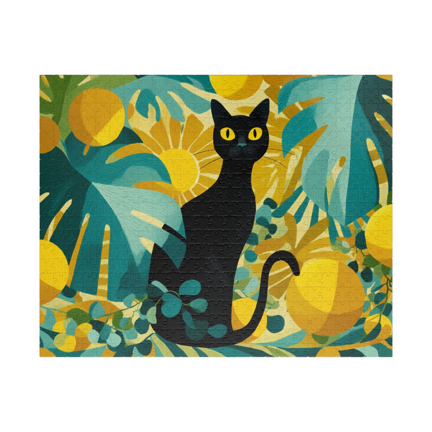 Cat with Tropical Leaves – Vibrant Fauvist Jigsaw Puzzle, Animal Theme Jungle Mystical Black Cat Art Puzzle Puzzle The Puzzle Chest
