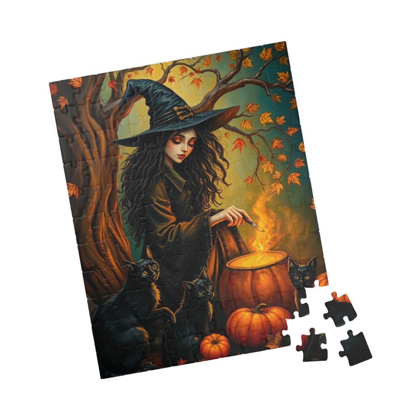 Catspell Cauldron Night Witchy Jigsaw Puzzle, Halloween Scene Perfect for Family Fun, Cozy Nights, Fall Celebrations, Gift for Puzzle Lover