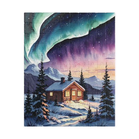 Northern Lights Landscape Puzzle, Aurora Borealis Snowy Cabin Watercolor Jigsaw Game, Hobby, Puzzle Lover Gift, Frameable Art, Relaxation 110 pcs (Vertical) Puzzle The Puzzle Chest
