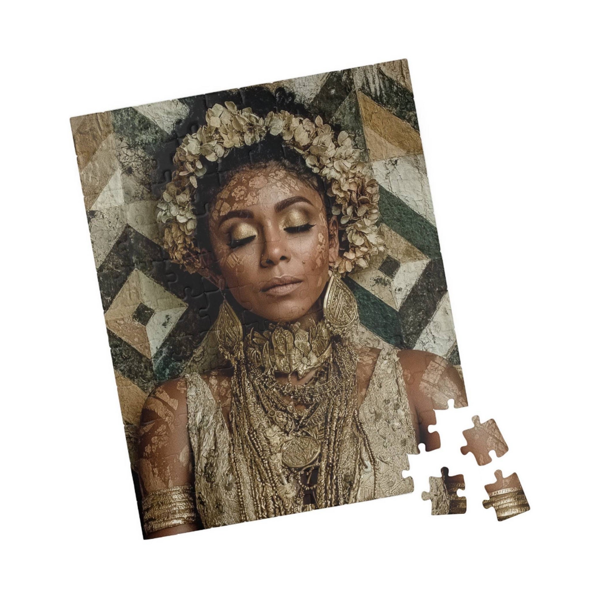 Afrocentric Black Art Jigsaw Puzzle - Melanin African American Beauty with Crown and Geometric Patterns 110 pcs (Vertical) Puzzle The Puzzle Chest