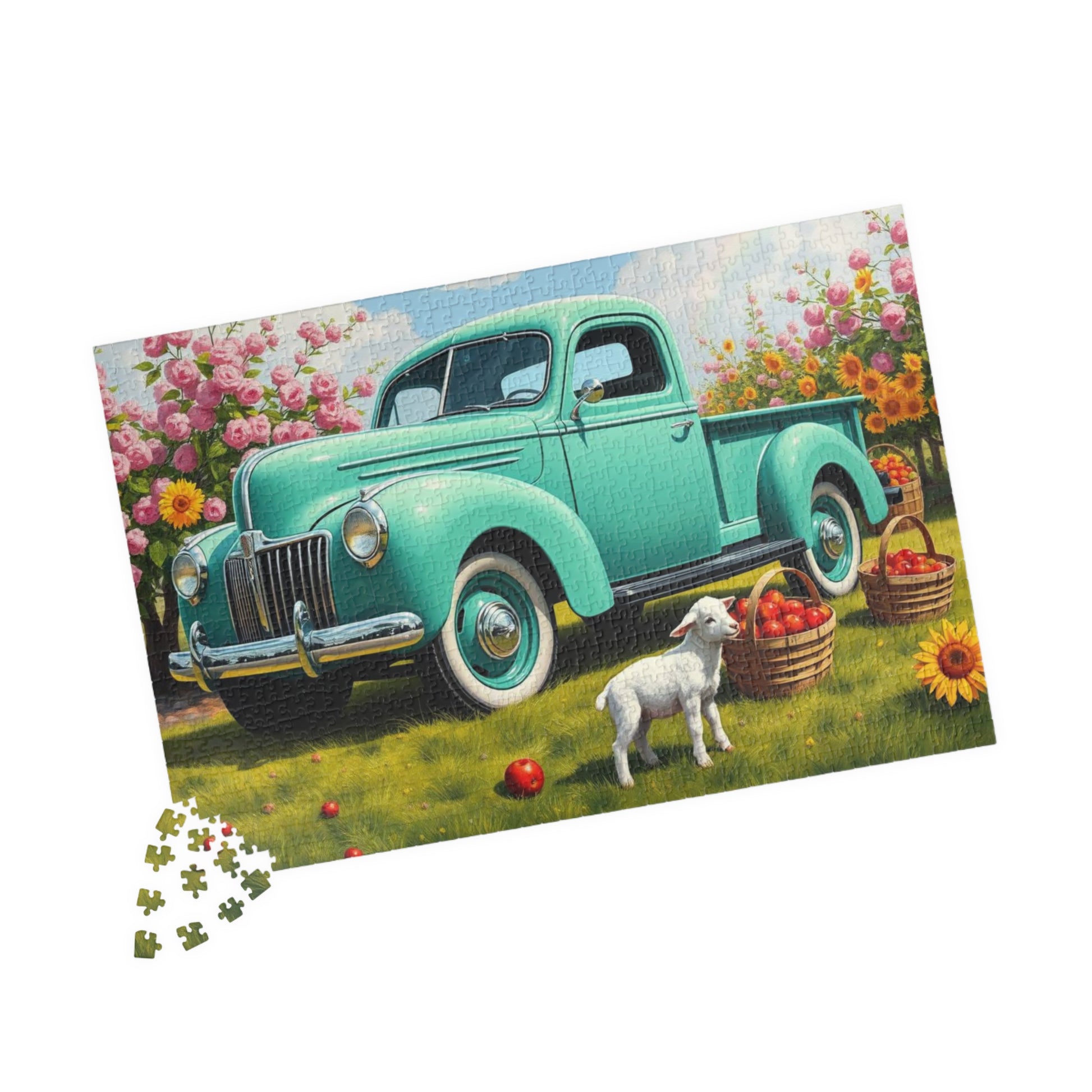 Vintage Teal Pickup Truck Puzzle — Spring Lamb & Flower Farm Jigsaw (110–1014 pcs) 1014 pcs (Horizontal) Puzzle The Puzzle Chest