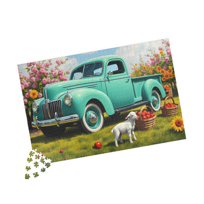 Vintage Teal Pickup Truck Puzzle — Spring Lamb & Flower Farm Jigsaw (110–1014 pcs) 1014 pcs (Horizontal) Puzzle The Puzzle Chest