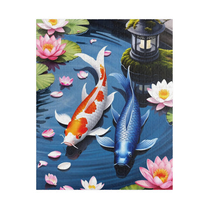 Jigsaw Puzzle, Tranquil Koi Fish Pond Design, 110 252 520 1014-piece, Cherry Blossom Lotus Flowers, Mindfulness Activity, Wall Art Decor,