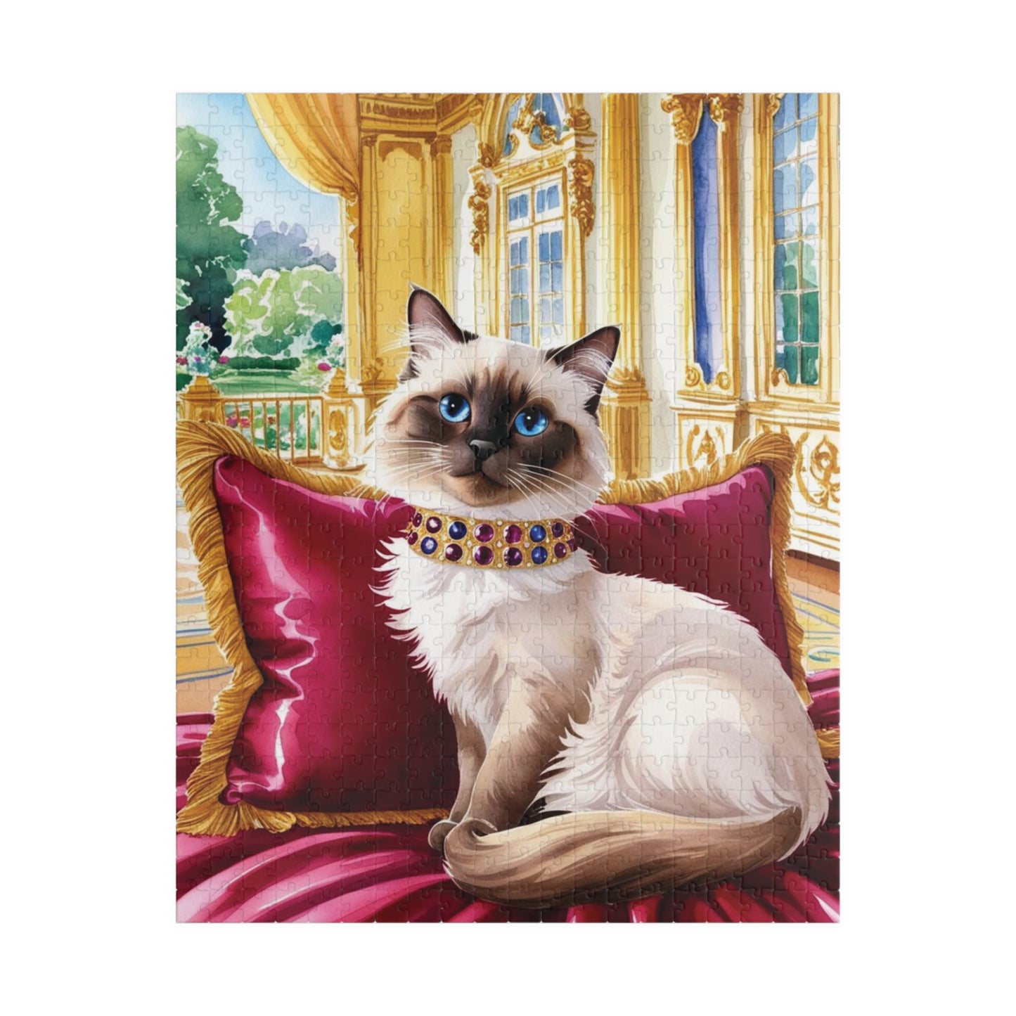 Jigsaw Puzzle - Siamese Cat with Jeweled Collar, Opulent Palace Room, Animal Puzzle, Relaxing Cat Puzzle, Silk Pillow Puzzle, Cat Lover Gift 520 pcs (Vertical) Puzzle The Puzzle Chest