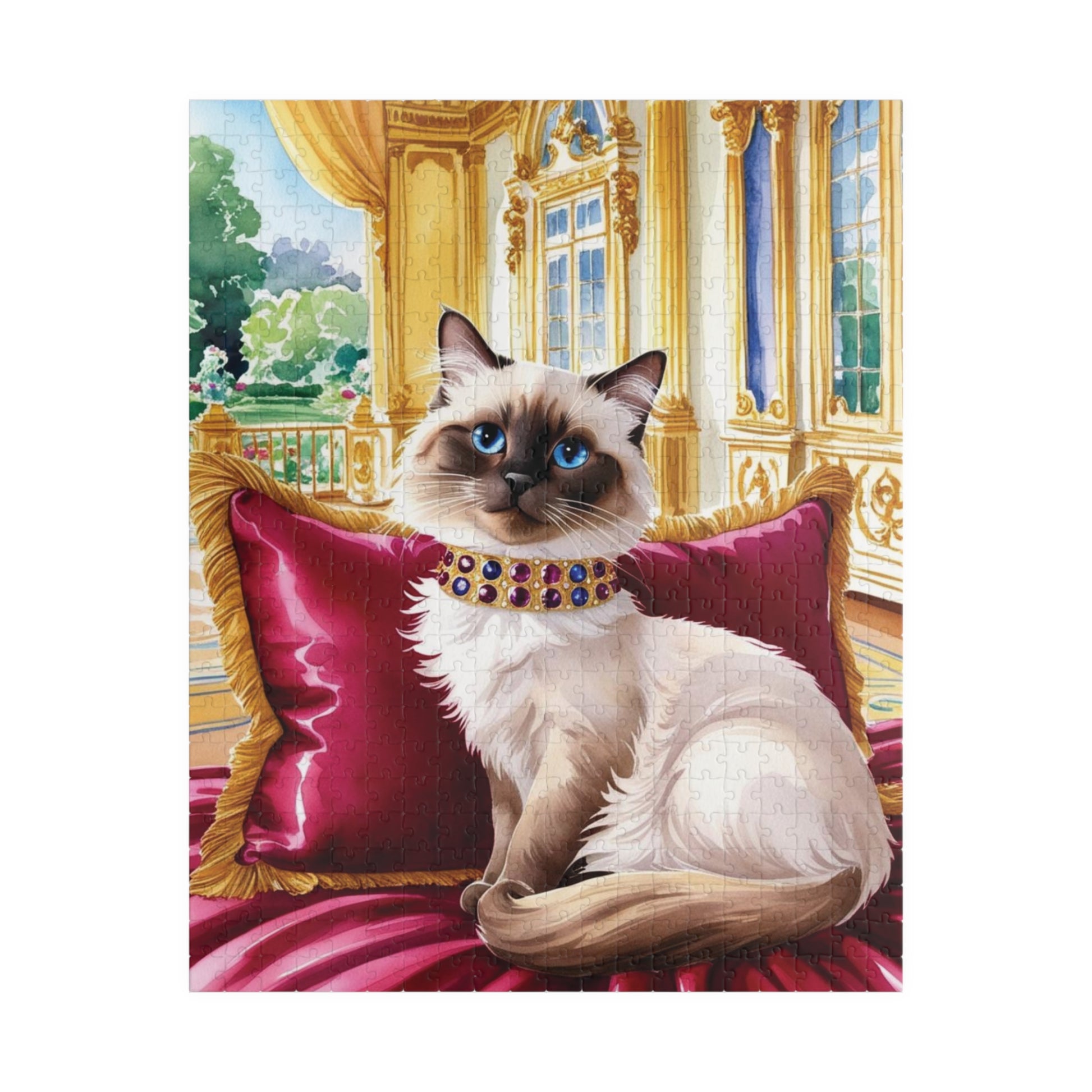 Jigsaw Puzzle - Siamese Cat with Jeweled Collar, Opulent Palace Room, Animal Puzzle, Relaxing Cat Puzzle, Silk Pillow Puzzle, Cat Lover Gift 520 pcs (Vertical) Puzzle The Puzzle Chest