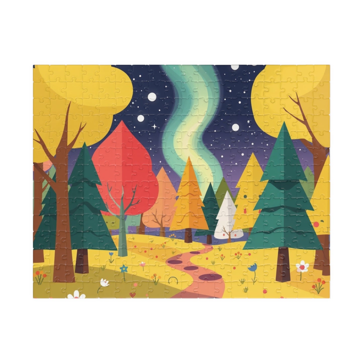 Magical Forest Landscape Jigsaw Puzzle - Abstract Geometric Trees in Bold Bright Colors 252 pcs (Horizontal) Puzzle The Puzzle Chest