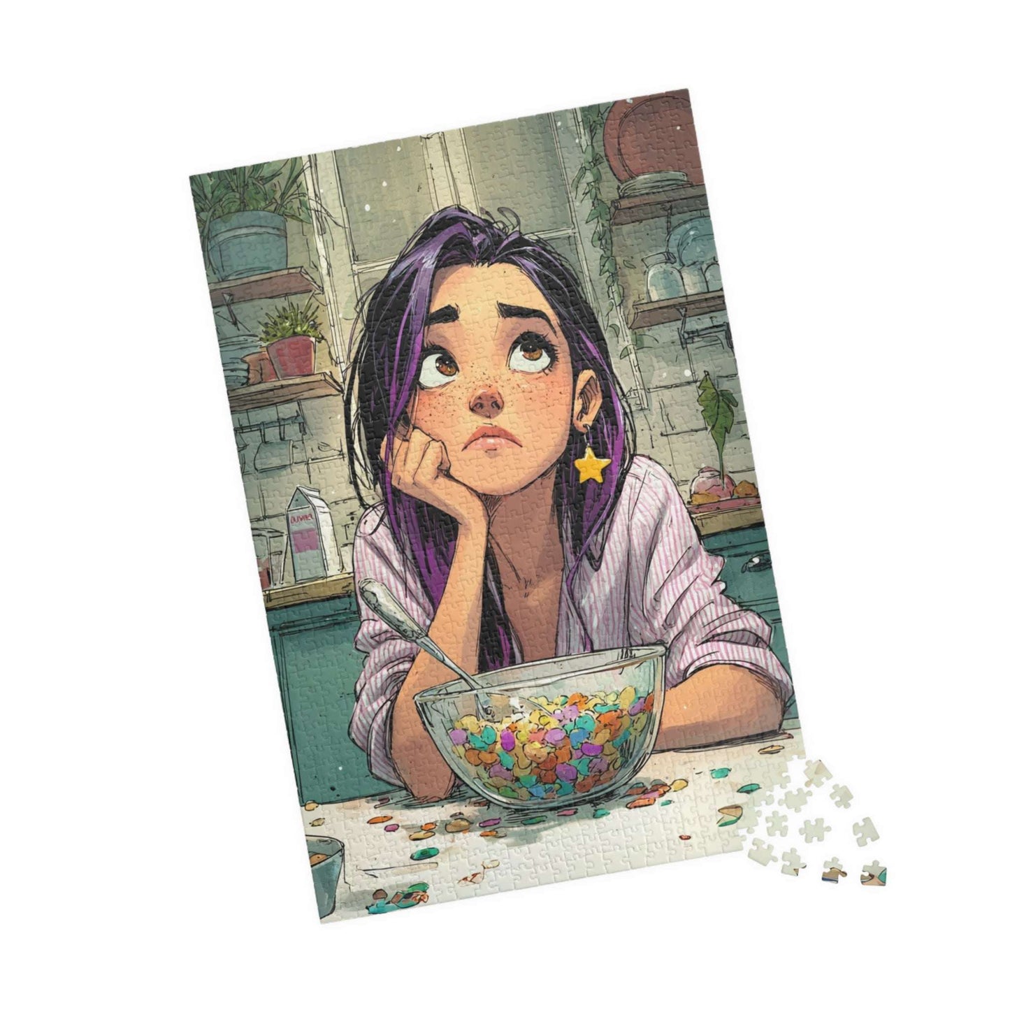 Funny Breakfast Cartoon Puzzle - Watercolor Jigsaw Game, Girl with Spill in Kitchen, Thoughtful Moments 1014 pcs (Vertical) Puzzle The Puzzle Chest