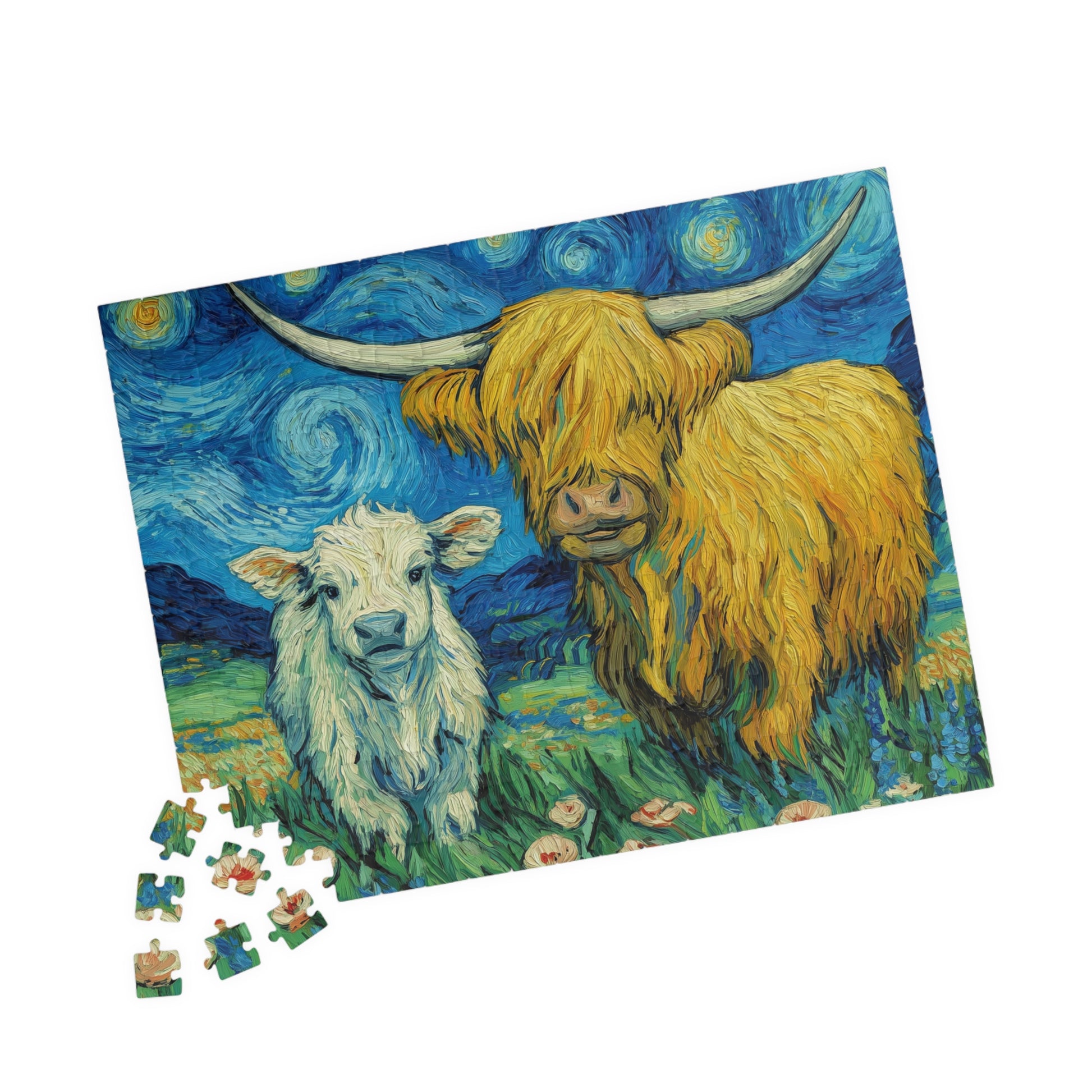 Highland Cow and Calf Puzzle 110/252/520/1014-piece | Van Gogh Starry Sky Style Jigsaw 252 pcs (Horizontal) Puzzle The Puzzle Chest