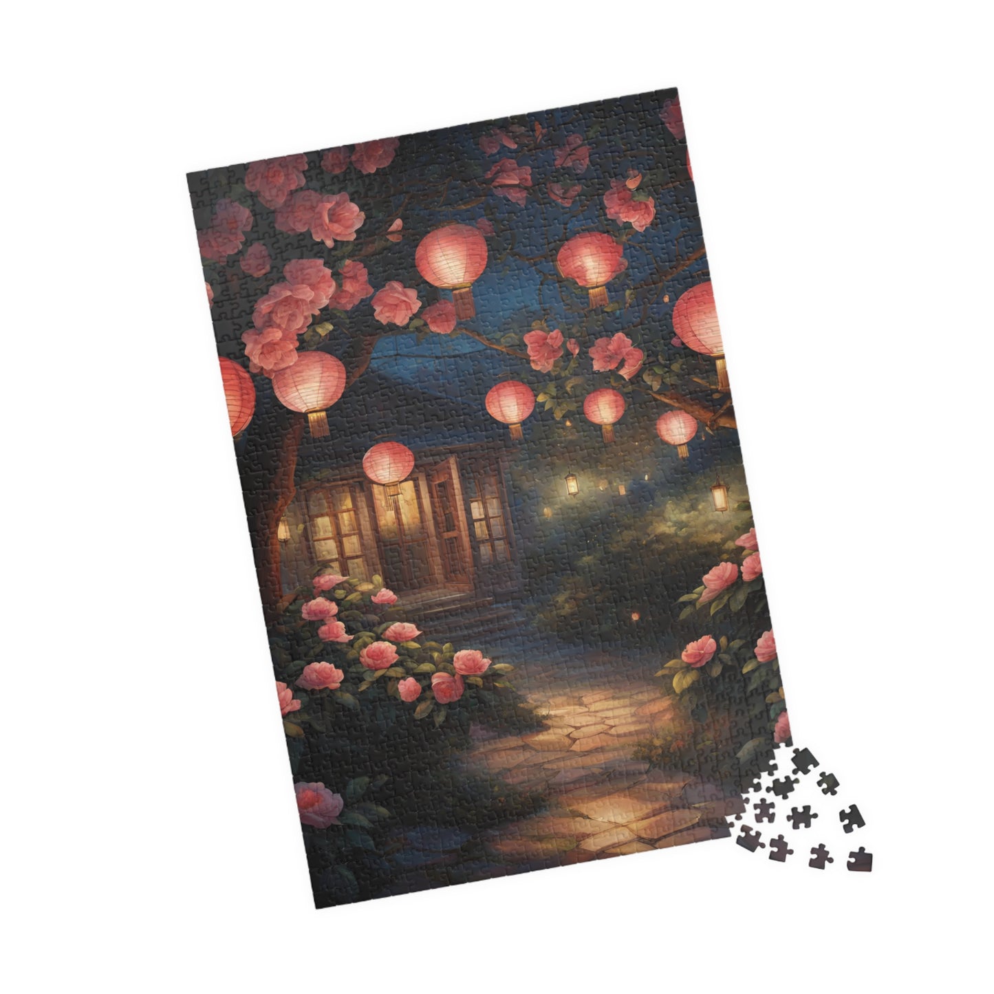 Cottage Landscape Jigsaw Puzzle, Nature-Inspired Floral Flower Design, Nighttime Lanterns and Camellias, Relaxing Hobby, Family Game Night Puzzle The Puzzle Chest