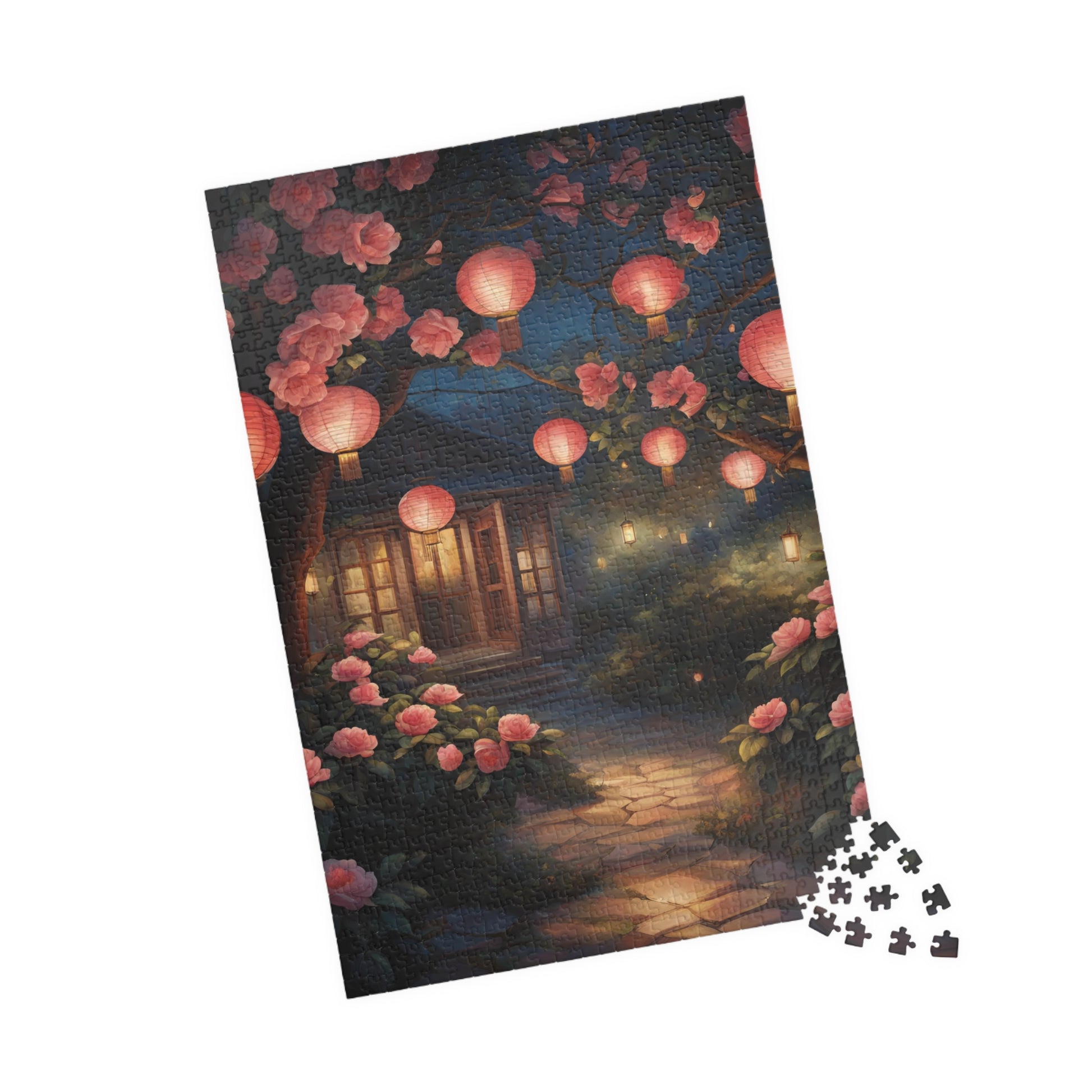 Cottage Landscape Jigsaw Puzzle, Nature-Inspired Floral Flower Design, Nighttime Lanterns and Camellias, Relaxing Hobby, Family Game Night Puzzle The Puzzle Chest