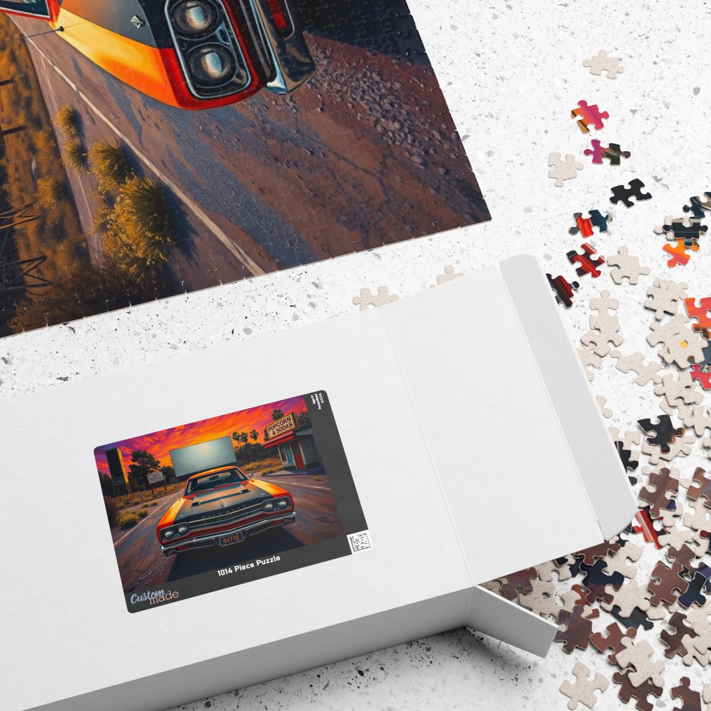 Vintage Car Puzzle, Orange 1969 Plymouth Road Runner, Sunset Classic Vehicle Scene Nostalgic Drive-In Background, Retro Puzzle Lover Gift Puzzle The Puzzle Chest