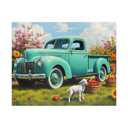 Vintage Teal Pickup Truck Puzzle — Spring Lamb & Flower Farm Jigsaw (110–1014 pcs) Puzzle The Puzzle Chest