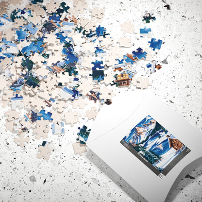 Mosaic Winter Mountain Scene Jigsaw Puzzle, Snowy Cabin Landscape, 520 Piece, Christmas Gift, Relaxation Activity, Wall Art Decor Puzzle The Puzzle Chest