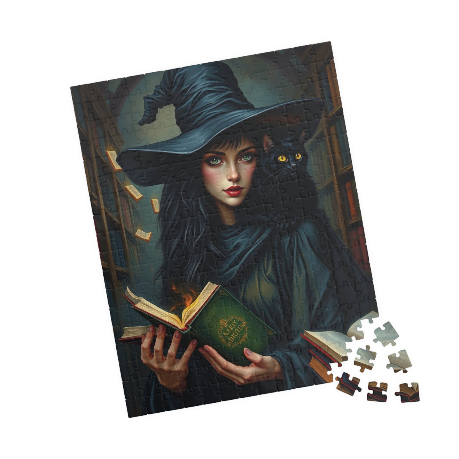 Gothic Witch Puzzle, 110, 252, 520, 1014-Piece Black Cat Dark Library Jigsaw Game for Adults, Halloween Decor, Unique Gift, Witchcraft Art Puzzle The Puzzle Chest